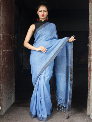 Blue Grey Handwoven Linen Saree With Sequence Work & Tassels - S031704034