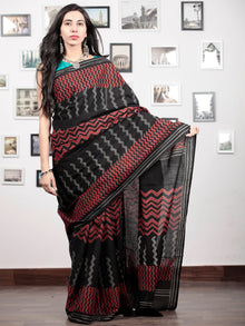 Black Crimson Red Grey Hand Block Printed Cotton Mul Saree   - S031703034