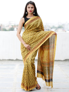 Yellow Maroon Black Bagh Hand Block Printed Maheswari SilkSaree With Resham Border - S031703842