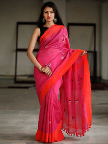 Pink Red Silver Handwoven Linen Jamdani Saree With Tassels - S031703790
