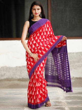 Red Purple Green Ikat Handwoven Cotton Saree - S031704043