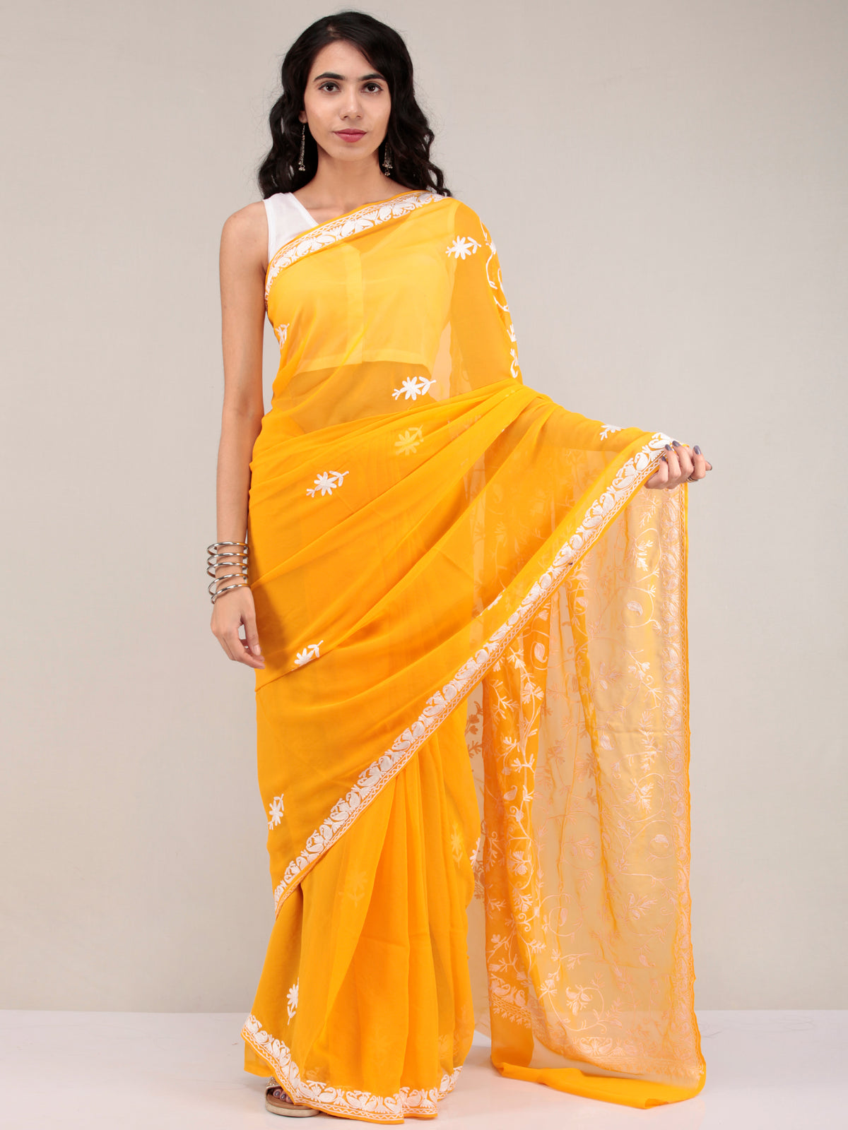 Yellow Aari Embroidered Georgette Saree From Kashmir - S031704641