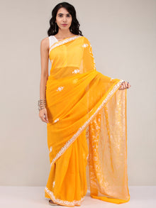 Yellow Aari Embroidered Georgette Saree From Kashmir - S031704641