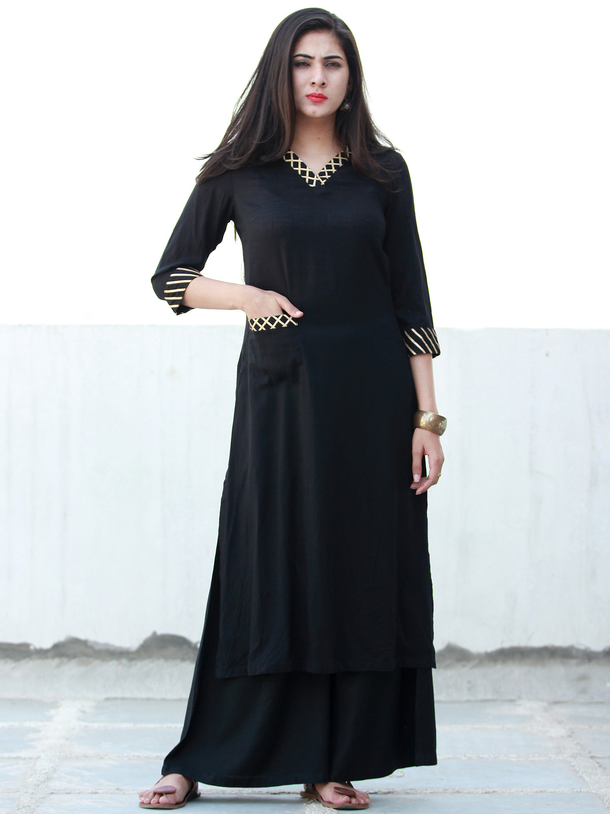 Black Golden Rayon Kurta With Gotta Work - K155FXXX