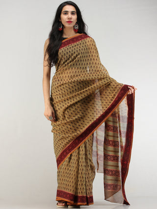 Olive Green Maroon Hand Block Printed Kota Doria Saree In Natural Colors - S031704570