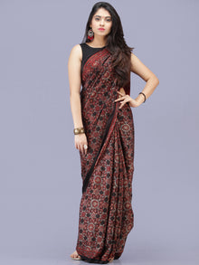 Black Maroon Indigo Ajrakh Hand Block Printed Modal Silk Saree - S031704188