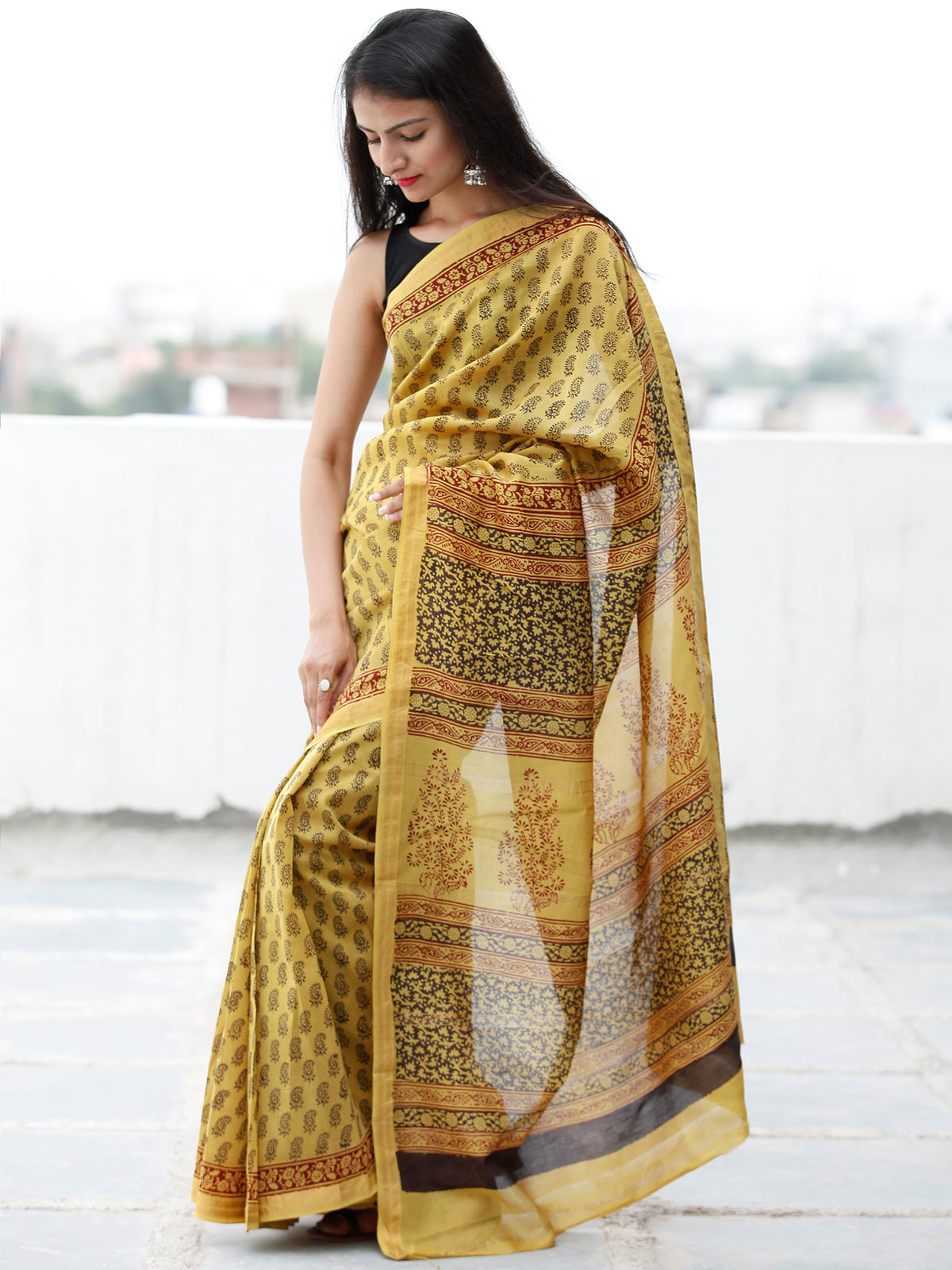 Yellow Maroon Black Bagh Hand Block Printed Maheswari SilkSaree With Resham Border - S031703842