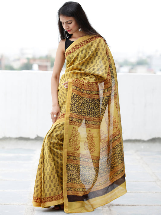 Yellow Maroon Black Bagh Hand Block Printed Maheswari SilkSaree With Resham Border - S031703842