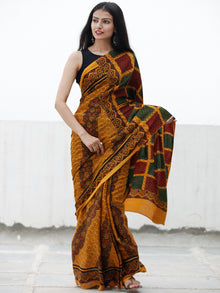 Gold Yellow Green Marooon Black Ajrakh Hand Block Printed Modal Silk Saree in Natural Colors - S031703711