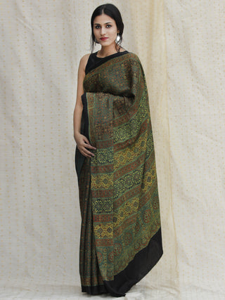 Green Black Red Ajrakh Hand Block Printed Modal Silk Saree - S031704131