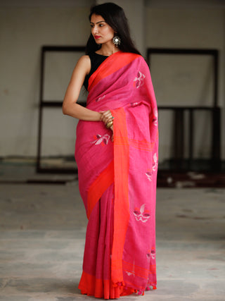 Pink Red Silver Handwoven Linen Jamdani Saree With Tassels - S031703790