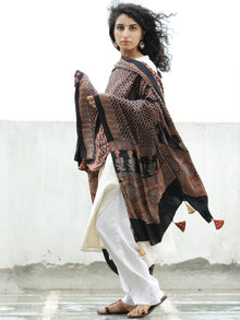 Black Maroon Indigo Ajrakh Hand Block Printed Modal Silk Dupatta - D04170315