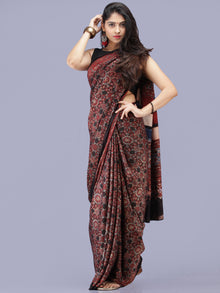 Black Maroon Indigo Ajrakh Hand Block Printed Modal Silk Saree - S031704188