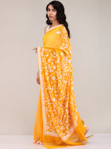 Yellow Aari Embroidered Georgette Saree From Kashmir - S031704641