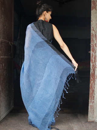 Blue Grey Handwoven Linen Saree With Sequence Work & Tassels - S031704034