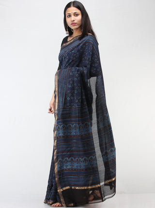 Indigo Plum Hand Block Printed Chanderi Saree With Zari Border - S031704471