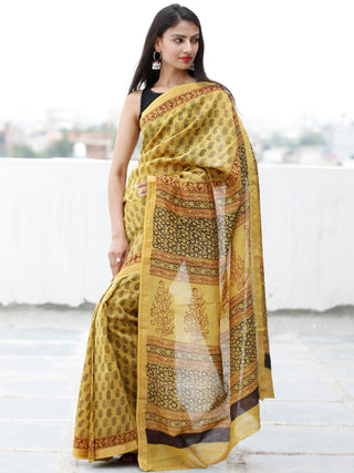 Yellow Maroon Black Bagh Hand Block Printed Maheswari SilkSaree With Resham Border - S031703842