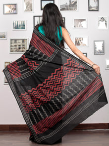Black Crimson Red Grey Hand Block Printed Cotton Mul Saree   - S031703034