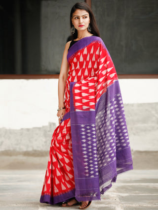 Red Purple Green Ikat Handwoven Cotton Saree - S031704043