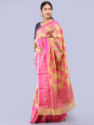 Banarasee Chanderi Saree With Resham Border & Butta - Beige & Pink - S031704306