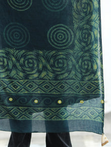 Deep Indigo Green Cotton Hand Block Printed Dupatta With Mirror Work   - D04170413
