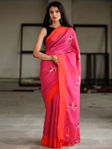 Pink Red Silver Handwoven Linen Jamdani Saree With Tassels - S031703790