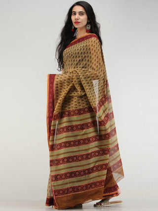 Olive Green Maroon Hand Block Printed Kota Doria Saree In Natural Colors - S031704570