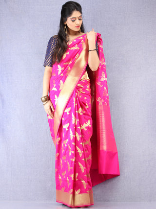 Banarasee Art Silk Saree With Bird Motif - Magenta & Gold - S031704325