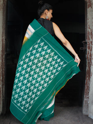 Orange Green White Ikat Handwoven Mercerised Cotton Saree - S031703627