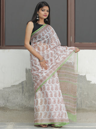 White Light Brown Hand Block Printed Kota Doria Saree  - S031704089