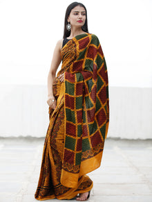 Gold Yellow Green Marooon Black Ajrakh Hand Block Printed Modal Silk Saree in Natural Colors - S031703711