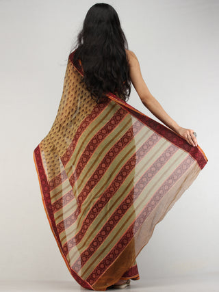 Olive Green Maroon Hand Block Printed Kota Doria Saree In Natural Colors - S031704570