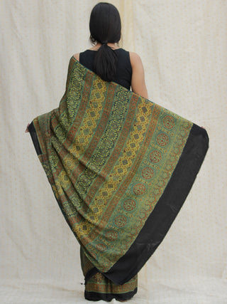 Green Black Red Ajrakh Hand Block Printed Modal Silk Saree - S031704131