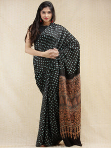 Black Blue Light Brown Bandhej Modal Silk Saree With Ajrakh Printed Pallu & Blouse - s031704149