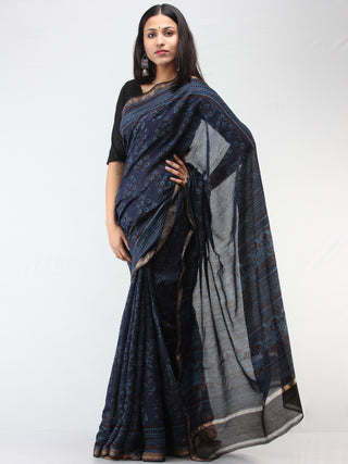 Indigo Plum Hand Block Printed Chanderi Saree With Zari Border - S031704471
