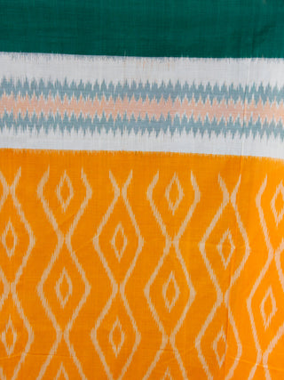 Orange Green White Ikat Handwoven Mercerised Cotton Saree - S031703627