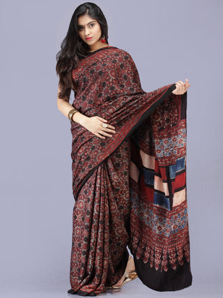 Black Maroon Indigo Ajrakh Hand Block Printed Modal Silk Saree - S031704188