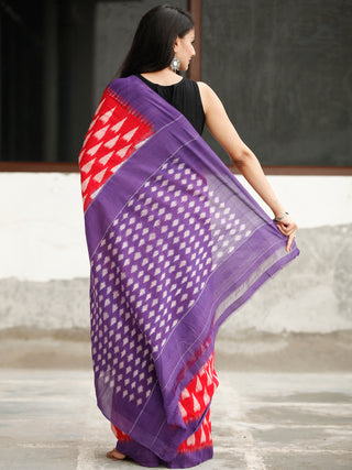 Red Purple Green Ikat Handwoven Cotton Saree - S031704043