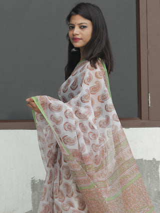 White Light Brown Hand Block Printed Kota Doria Saree  - S031704089
