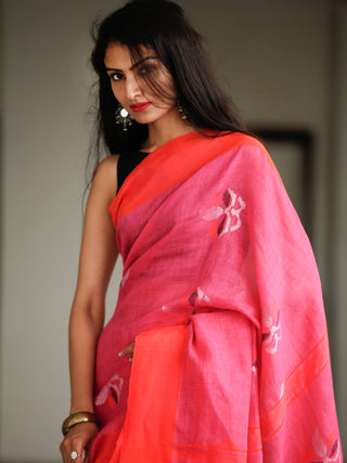 Pink Red Silver Handwoven Linen Jamdani Saree With Tassels - S031703790