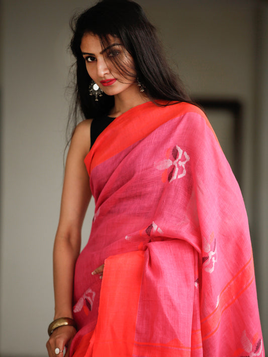 Pink Red Silver Handwoven Linen Jamdani Saree With Tassels - S031703790