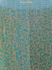 Green Orange Hand Block Printed Chiffon Saree with Zari Border - S031703969