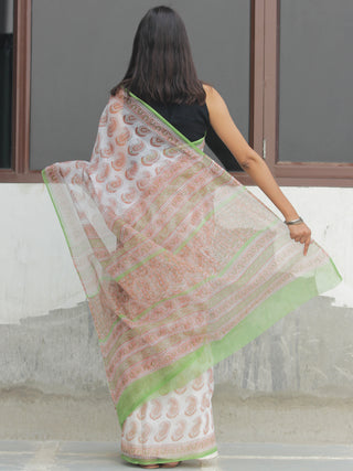 White Light Brown Hand Block Printed Kota Doria Saree  - S031704089