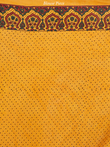 Gold Yellow Green Marooon Black Ajrakh Hand Block Printed Modal Silk Saree in Natural Colors - S031703711