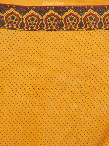Gold Yellow Green Marooon Black Ajrakh Hand Block Printed Modal Silk Saree in Natural Colors - S031703711