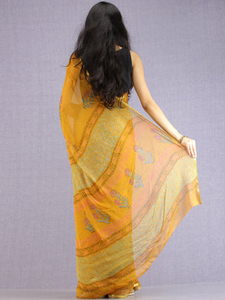 Mustard Red Green Hand Block Printed Chiffon Saree with Zari Border - S031704601