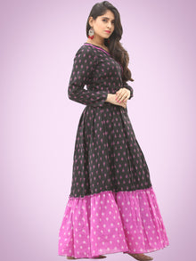 Veeda - Purple Black Handloom Silk Cotton Ikat Long Tier Dress With Gathers - D169F1855