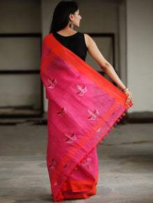 Pink Red Silver Handwoven Linen Jamdani Saree With Tassels - S031703790