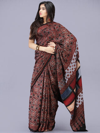Black Maroon Indigo Ajrakh Hand Block Printed Modal Silk Saree - S031704188