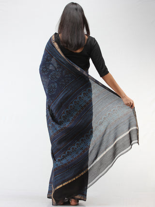 Indigo Plum Hand Block Printed Chanderi Saree With Zari Border - S031704471
